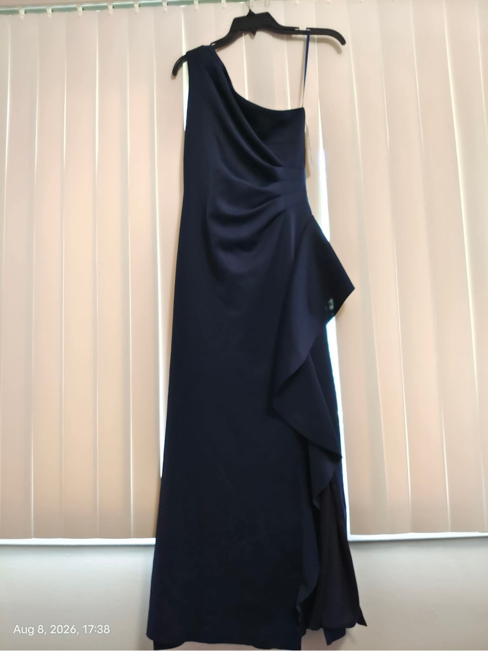 NWT Xscape Midnight Blue One-Shoulder Scuba Ruffle Sheath Dress Gown $248 SZ 4P - Picture 8 of 10